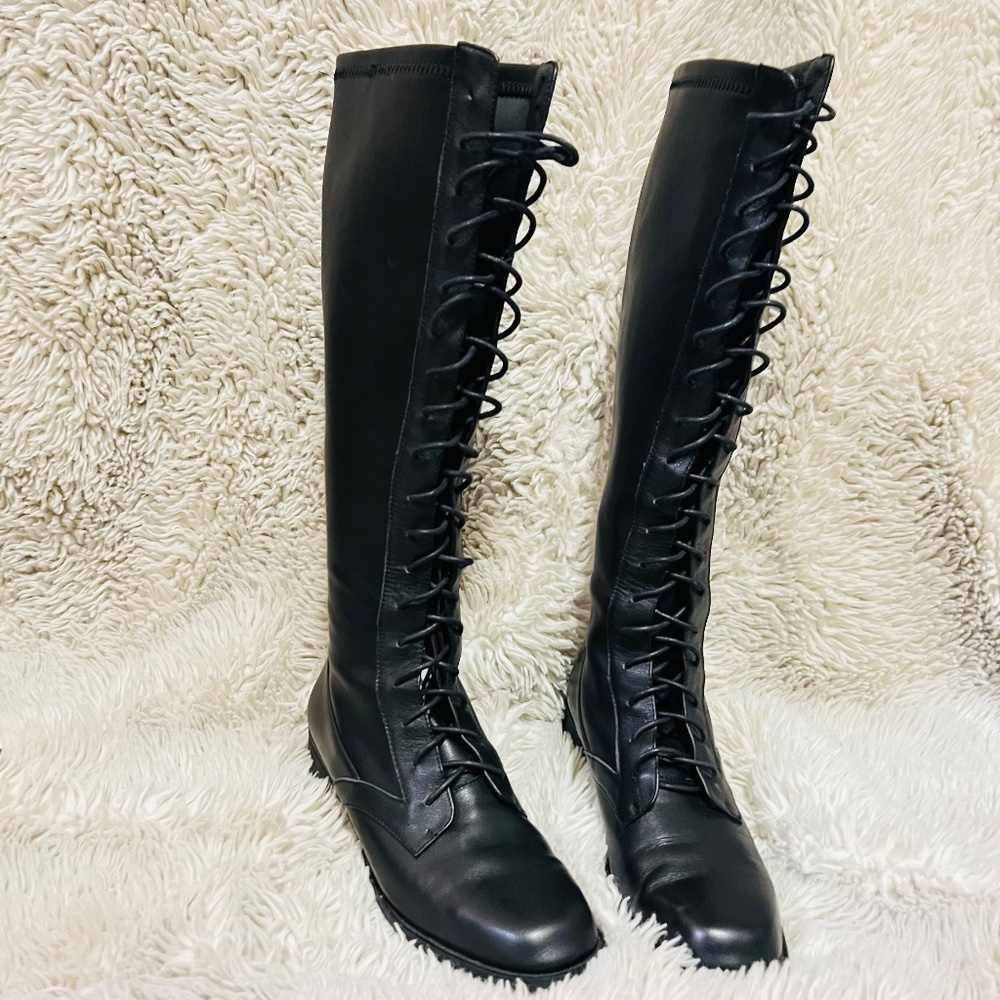 Sam Elderman Knee High Black Leather Lace Up Boot